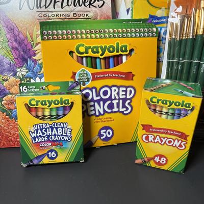 LOT 112: Art Supplies: Crayons, Colored Pencils, Paint Brushes, Coloring Book & More