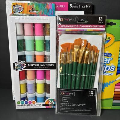 LOT 112: Art Supplies: Crayons, Colored Pencils, Paint Brushes, Coloring Book & More