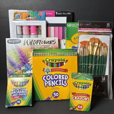 LOT 112: Art Supplies: Crayons, Colored Pencils, Paint Brushes, Coloring Book & More