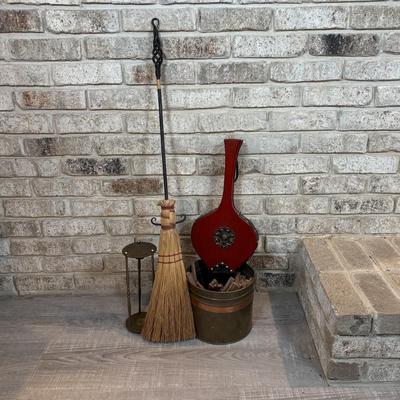 LOT 120: Fireplace Accessories: Brass Kindling Bucket, Bellows, Wrought Iron Natural Bristle Broom & More