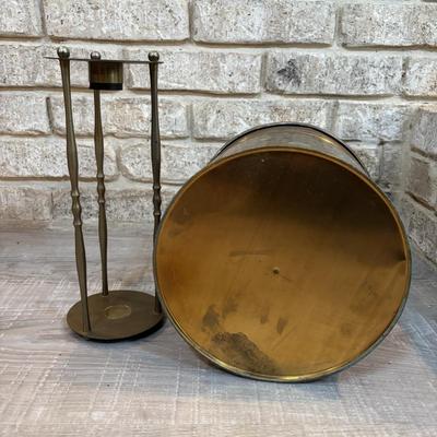 LOT 120: Fireplace Accessories: Brass Kindling Bucket, Bellows, Wrought Iron Natural Bristle Broom & More