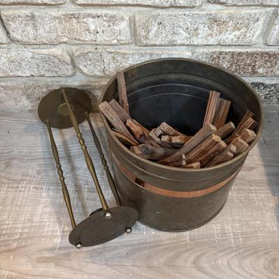 LOT 120: Fireplace Accessories: Brass Kindling Bucket, Bellows, Wrought Iron Natural Bristle Broom & More