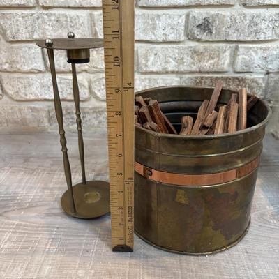 LOT 120: Fireplace Accessories: Brass Kindling Bucket, Bellows, Wrought Iron Natural Bristle Broom & More