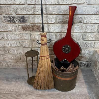 LOT 120: Fireplace Accessories: Brass Kindling Bucket, Bellows, Wrought Iron Natural Bristle Broom & More