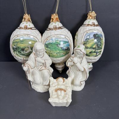 LOT 123: Bradford Exchange Irish Blessing Ornaments & Lefton Holy Family Figurines