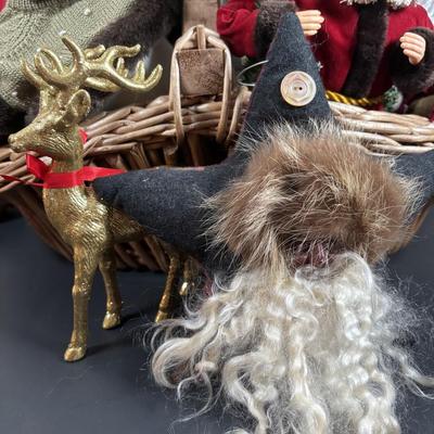 LOT 132: Basket Full of Christmas Decor: Snowmen, Ornaments Santa, Angels