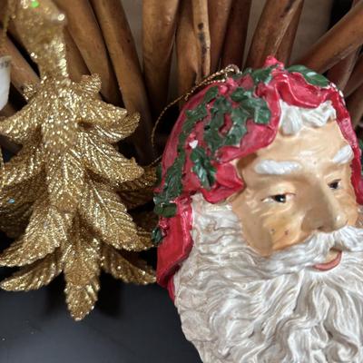 LOT 132: Basket Full of Christmas Decor: Snowmen, Ornaments Santa, Angels