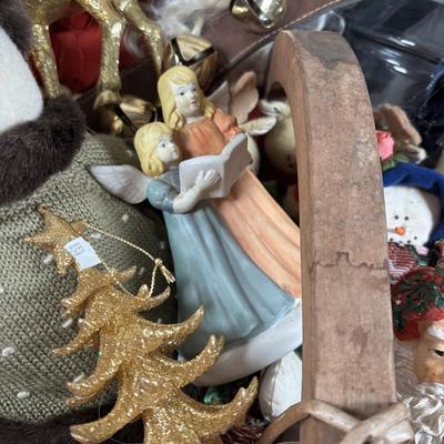 LOT 132: Basket Full of Christmas Decor: Snowmen, Ornaments Santa, Angels