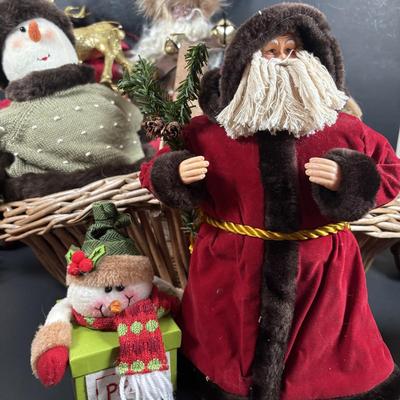 LOT 132: Basket Full of Christmas Decor: Snowmen, Ornaments Santa, Angels