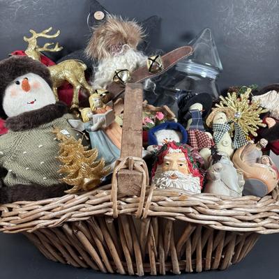 LOT 132: Basket Full of Christmas Decor: Snowmen, Ornaments Santa, Angels