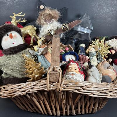 LOT 132: Basket Full of Christmas Decor: Snowmen, Ornaments Santa, Angels
