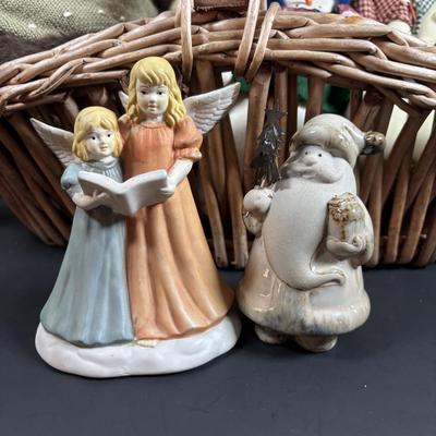 LOT 132: Basket Full of Christmas Decor: Snowmen, Ornaments Santa, Angels