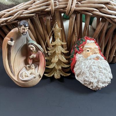 LOT 132: Basket Full of Christmas Decor: Snowmen, Ornaments Santa, Angels