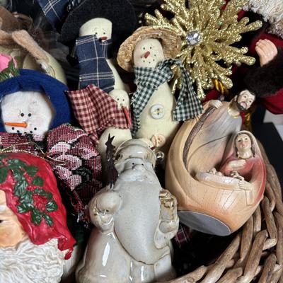 LOT 132: Basket Full of Christmas Decor: Snowmen, Ornaments Santa, Angels