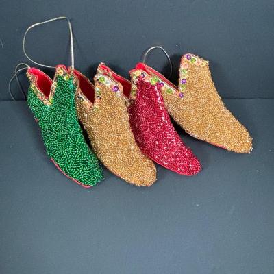LOT 133: Holiday Ornament Collection: Vintage Pushpins, Beaded Slippers, Tassels