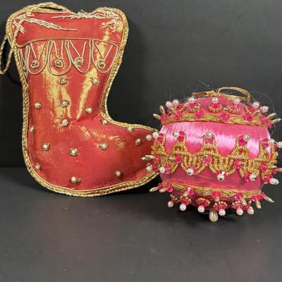 LOT 133: Holiday Ornament Collection: Vintage Pushpins, Beaded Slippers, Tassels