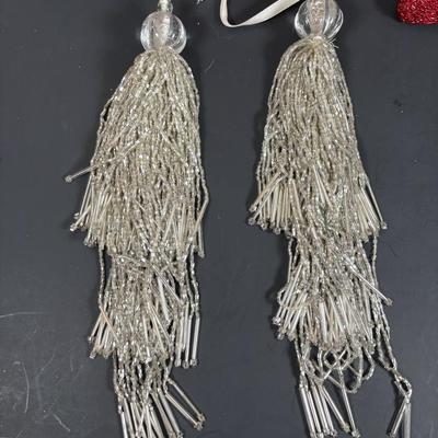 LOT 133: Holiday Ornament Collection: Vintage Pushpins, Beaded Slippers, Tassels