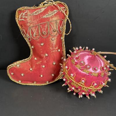 LOT 133: Holiday Ornament Collection: Vintage Pushpins, Beaded Slippers, Tassels