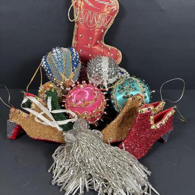 LOT 133: Holiday Ornament Collection: Vintage Pushpins, Beaded Slippers, Tassels
