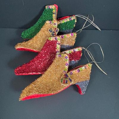LOT 133: Holiday Ornament Collection: Vintage Pushpins, Beaded Slippers, Tassels