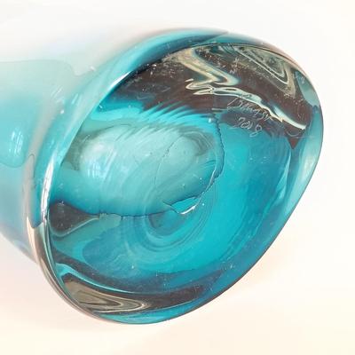 LOT 140: Signed Blue Swung Glass Vase with Signed Orrefors-Style Purple Bud Vase