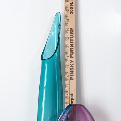 LOT 140: Signed Blue Swung Glass Vase with Signed Orrefors-Style Purple Bud Vase