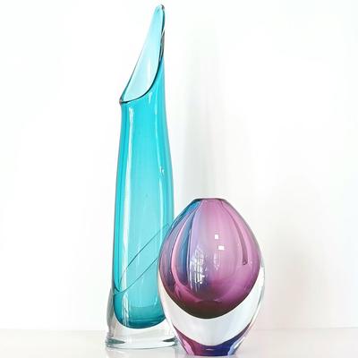 LOT 140: Signed Blue Swung Glass Vase with Signed Orrefors-Style Purple Bud Vase