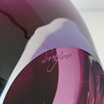 LOT 140: Signed Blue Swung Glass Vase with Signed Orrefors-Style Purple Bud Vase