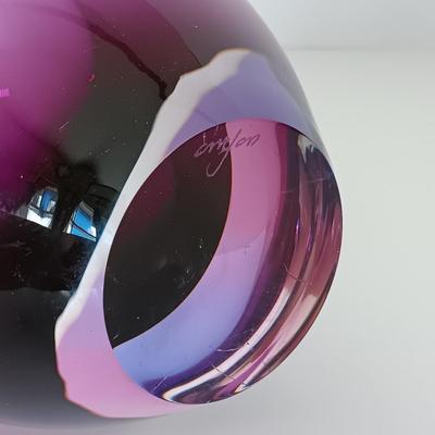 LOT 140: Signed Blue Swung Glass Vase with Signed Orrefors-Style Purple Bud Vase