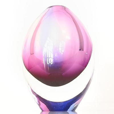 LOT 140: Signed Blue Swung Glass Vase with Signed Orrefors-Style Purple Bud Vase