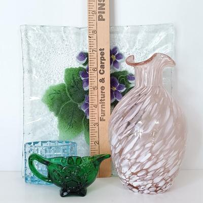 LOT 142: Lefton China Trinket Dish, Fused Art Glass Plate, Pink Ruffle Top Vase & More