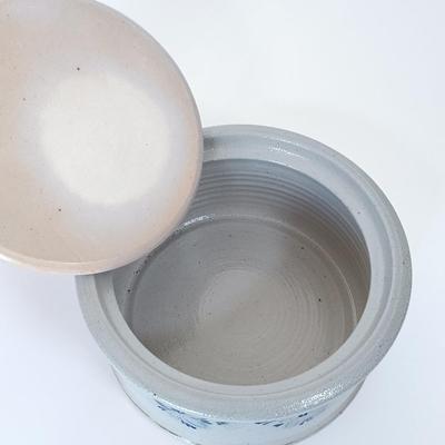 LOT 143: Eldreth Pottery Studio Stoneware Crock with Blue Glass Heart Trinket Box