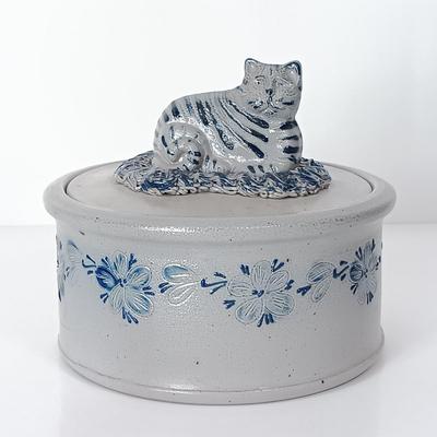 LOT 143: Eldreth Pottery Studio Stoneware Crock with Blue Glass Heart Trinket Box