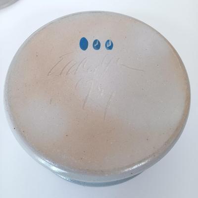 LOT 143: Eldreth Pottery Studio Stoneware Crock with Blue Glass Heart Trinket Box