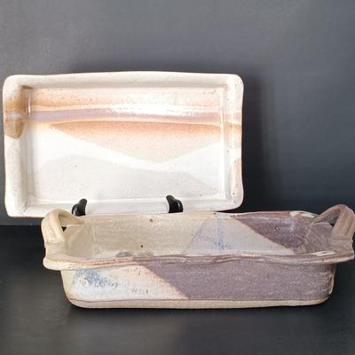 LOT 148: Signed Michael Obranovich Pottery Tray & Signed Pottery Tray with Handles