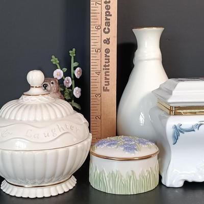 LOT 154: Lenox Violet Trinket Box, Royal Heritage Cameo Ribbon Vase, Lenox Groundhog & More