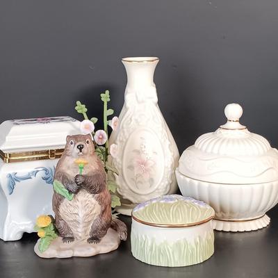 LOT 154: Lenox Violet Trinket Box, Royal Heritage Cameo Ribbon Vase, Lenox Groundhog & More