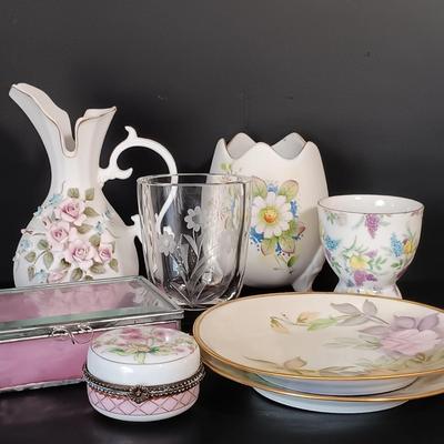 LOT 155: Lefton China Egg Cups, Limoges Art Plates, Lefton Art Pitcher & More