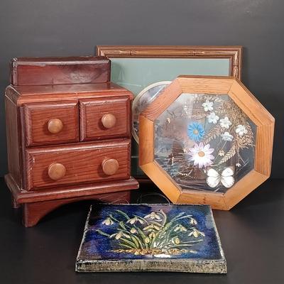 LOT 157: Karlsruhe Ceramic Art Tile, Wood Trinket Box, Framed Insect Art & Art Print