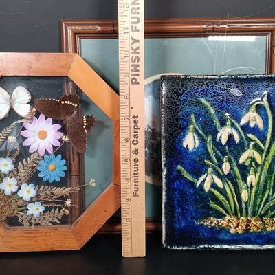LOT 157: Karlsruhe Ceramic Art Tile, Wood Trinket Box, Framed Insect Art & Art Print