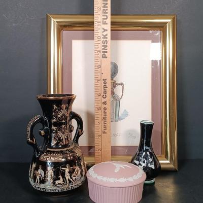 LOT 158: Numbered Perfume Bottle Print, Stone Bead Necklaces, Signed Wedgewood Trinket Box & More