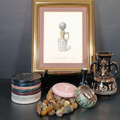 LOT 158: Numbered Perfume Bottle Print, Stone Bead Necklaces, Signed Wedgewood Trinket Box & More