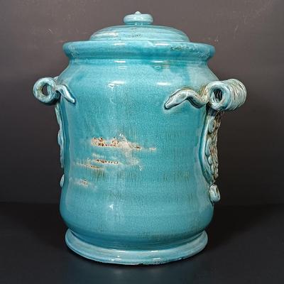 LOT 159: Vintage Blue Glaze Pottery Jar with Metal Candle Holder