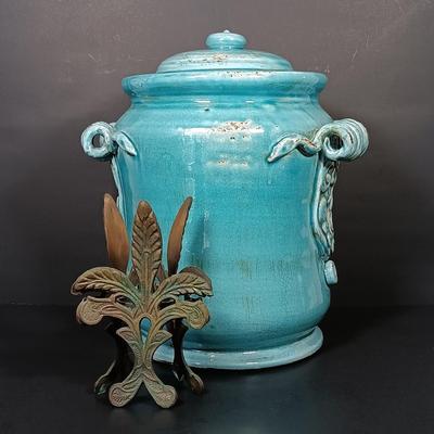 LOT 159: Vintage Blue Glaze Pottery Jar with Metal Candle Holder
