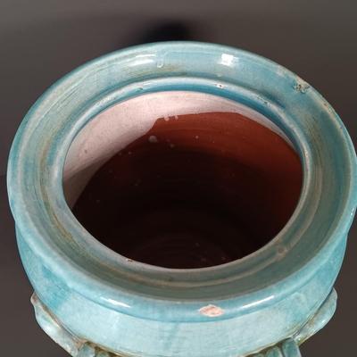 LOT 159: Vintage Blue Glaze Pottery Jar with Metal Candle Holder