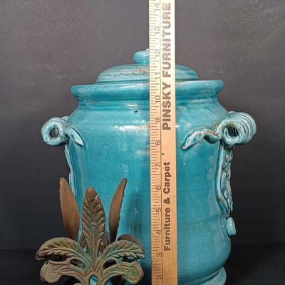 LOT 159: Vintage Blue Glaze Pottery Jar with Metal Candle Holder