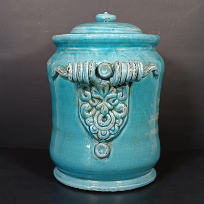 LOT 159: Vintage Blue Glaze Pottery Jar with Metal Candle Holder