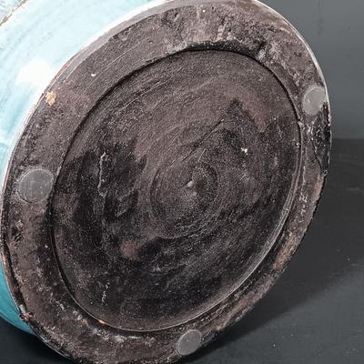 LOT 159: Vintage Blue Glaze Pottery Jar with Metal Candle Holder