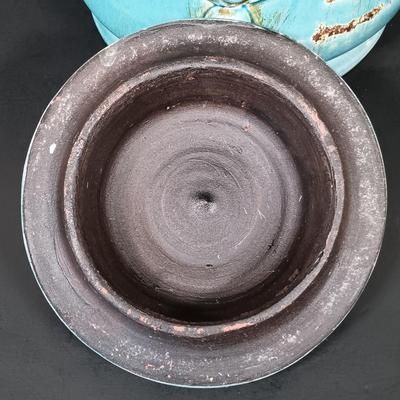 LOT 159: Vintage Blue Glaze Pottery Jar with Metal Candle Holder