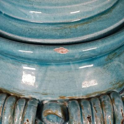 LOT 159: Vintage Blue Glaze Pottery Jar with Metal Candle Holder